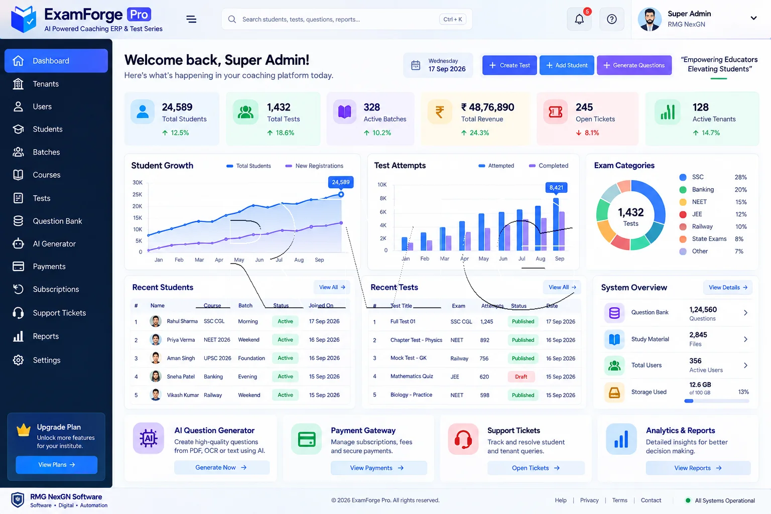 ExamForge Pro coaching management software dashboard