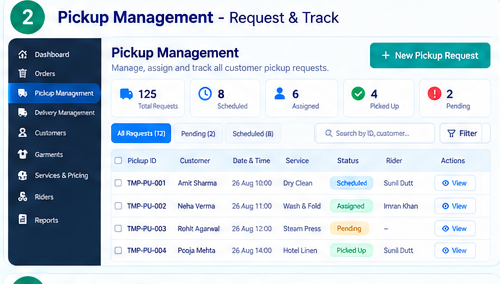 SnowWhite customer laundry pickup request scheduling screen