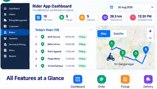 SnowWhite Rider App laundry pickup and delivery dashboard