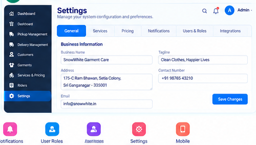 SnowWhite laundry management system settings and preferences